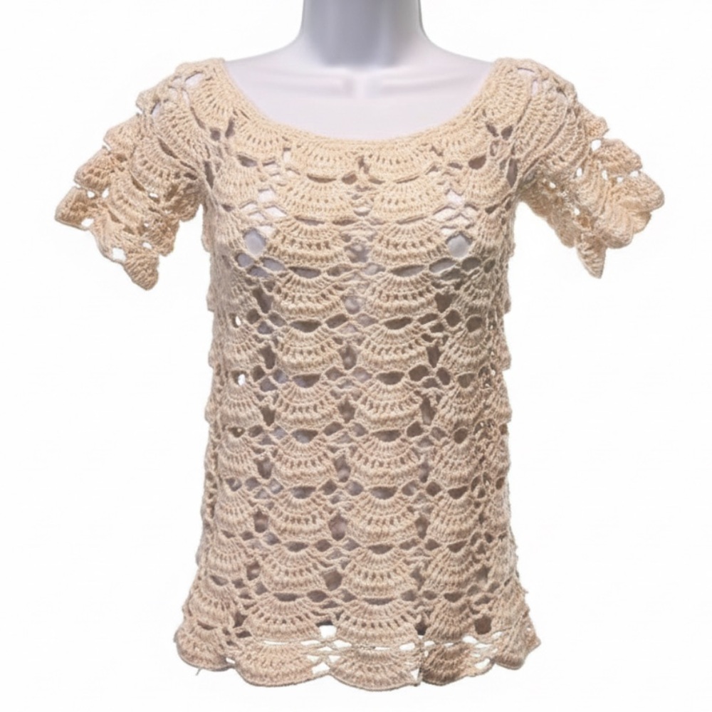 Women's Crochet Blouse Short Sleeve Handmade Top Sz S - Picture 1 of 8